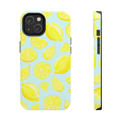 Bright Yellow Lemons Watercolor Illustrated Tossed Pattern Light Blue Tough Phone Case | Various Models