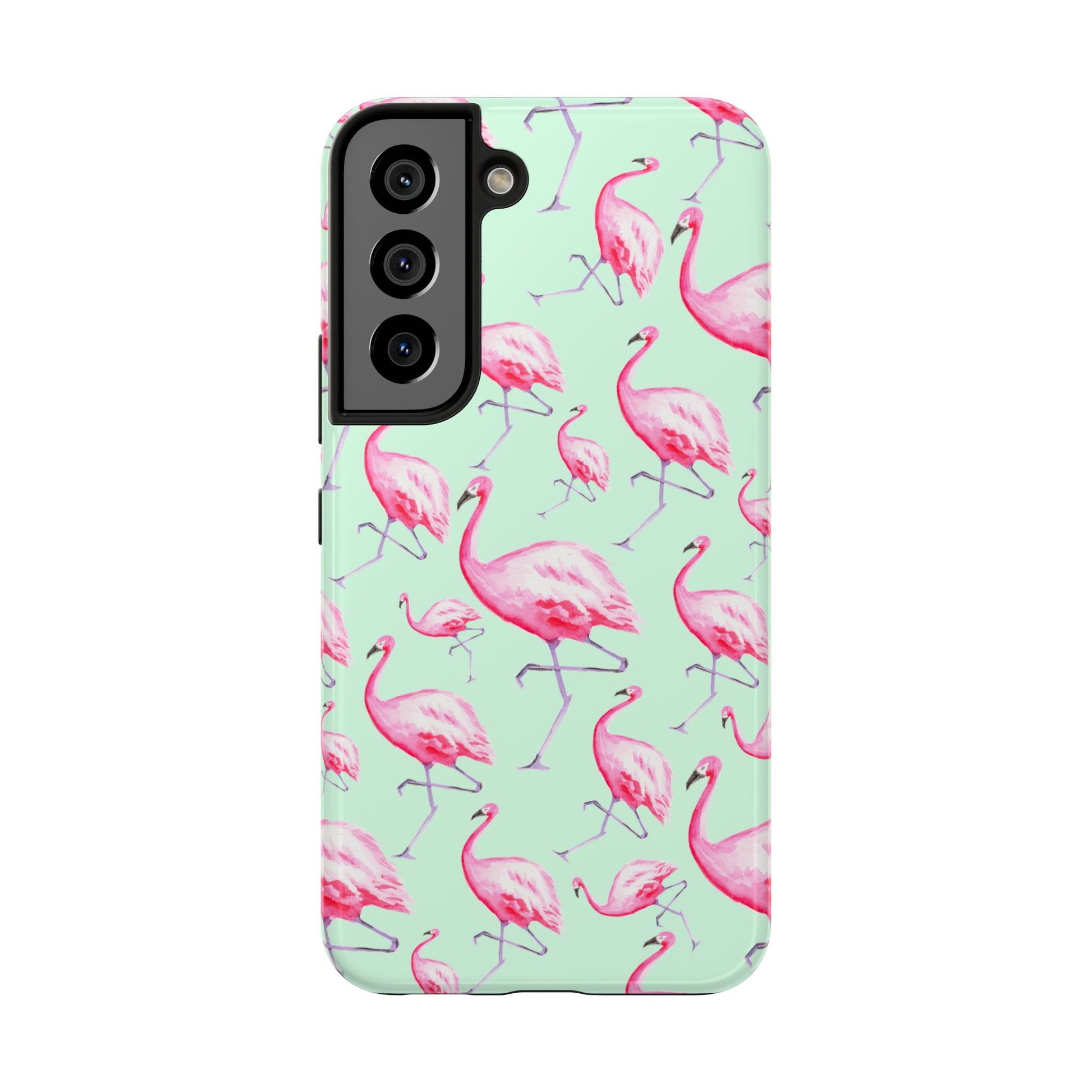 Pink Flamingos Watercolor Illustrated Tossed Pattern Green Phone Case | Various Models Samsung Galaxy S22