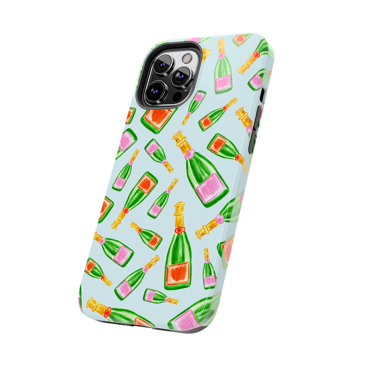 Tossed Pink and Green & Orange and Green Watercolor Illustrated Champagne Bottles Pattern Light Blue Tough Phone Case | Various Models