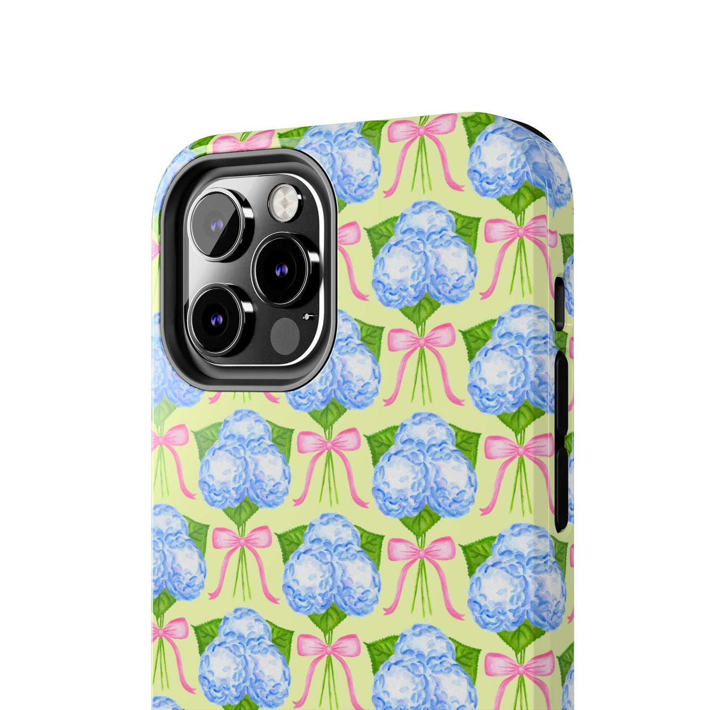 Blue Watercolor Hydrangea Bouquets with Light Pink Bows Watercolor Illustrated Patterned Yellow Tough Phone Case | Various Models