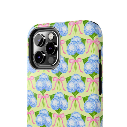 Blue Watercolor Hydrangea Bouquets with Light Pink Bows Watercolor Illustrated Patterned Yellow Tough Phone Case | Various Models
