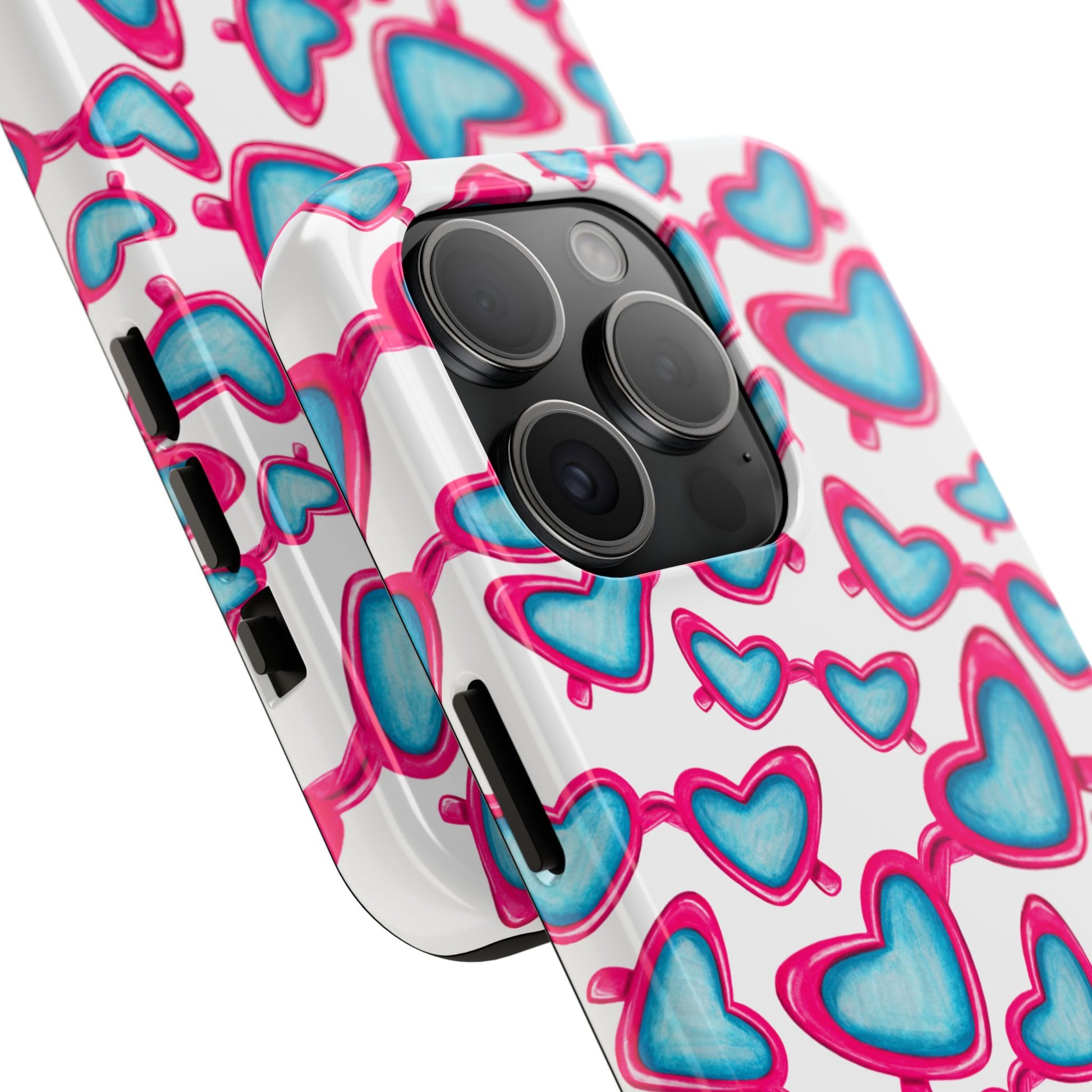 Pink & Blue Heart Shaped Sunglasses Watercolor Illustrated Tossed Pattern Tough Case | Various Models