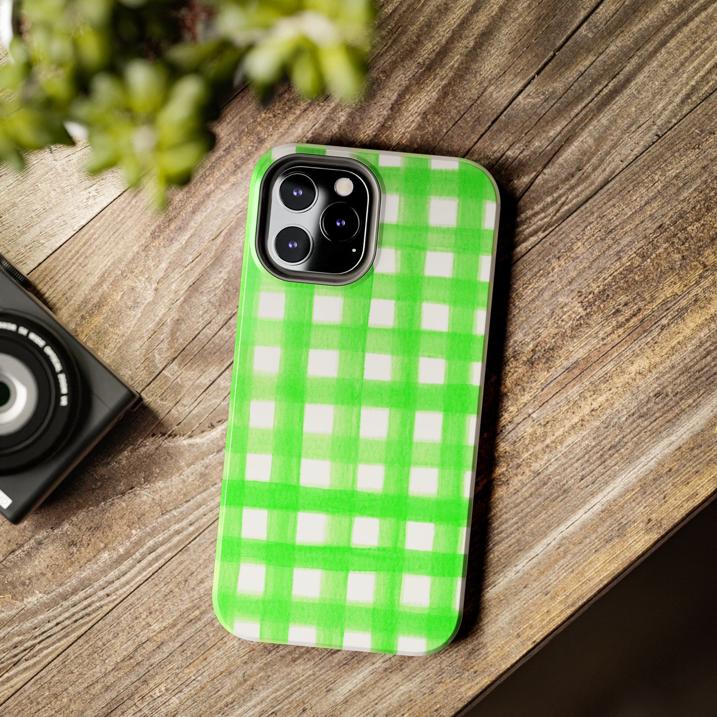 Lime Green Gingham Watercolor Illustrated Tough Phone Case | Various Models Available