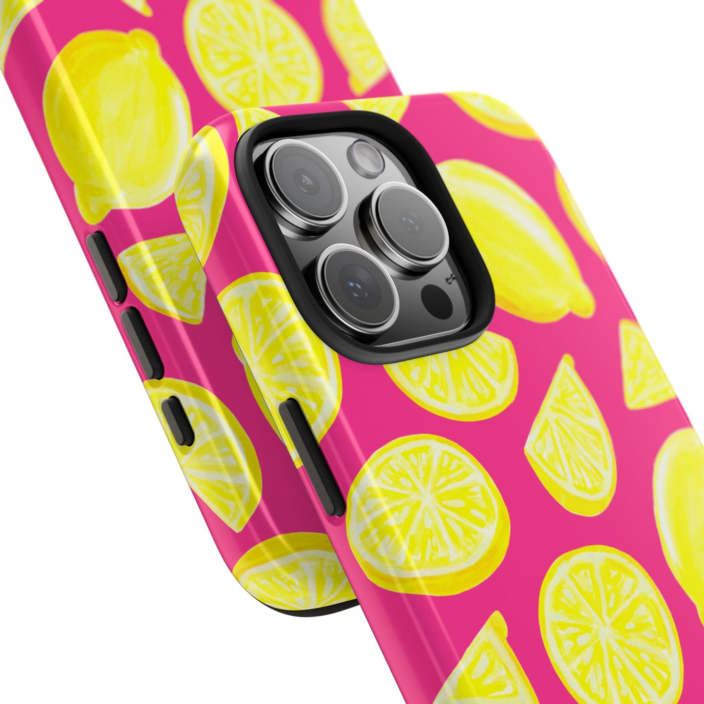 Bright Yellow Lemons Watercolor Illustrated Tossed Pattern Watermelon Pink Tough Phone Case | Various Models