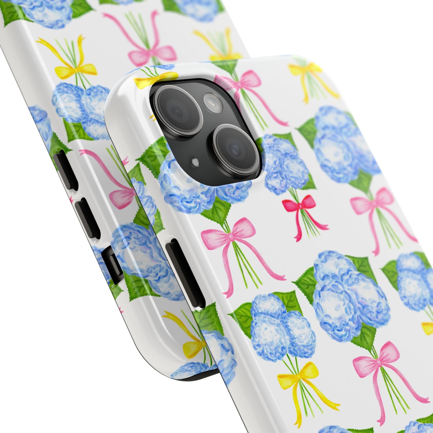 Blue Hydrangeas with Hot Pink, Yellow, Light Pink Bows Watercolor Illustrated Patterned Tough Phone Case | Various Models