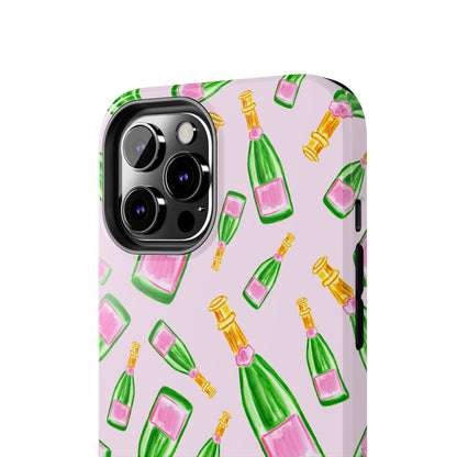 Tossed Pink and Green Watercolor Illustrated Champagne Bottles Pattern Blush Pink Tough Phone Case | Various Models
