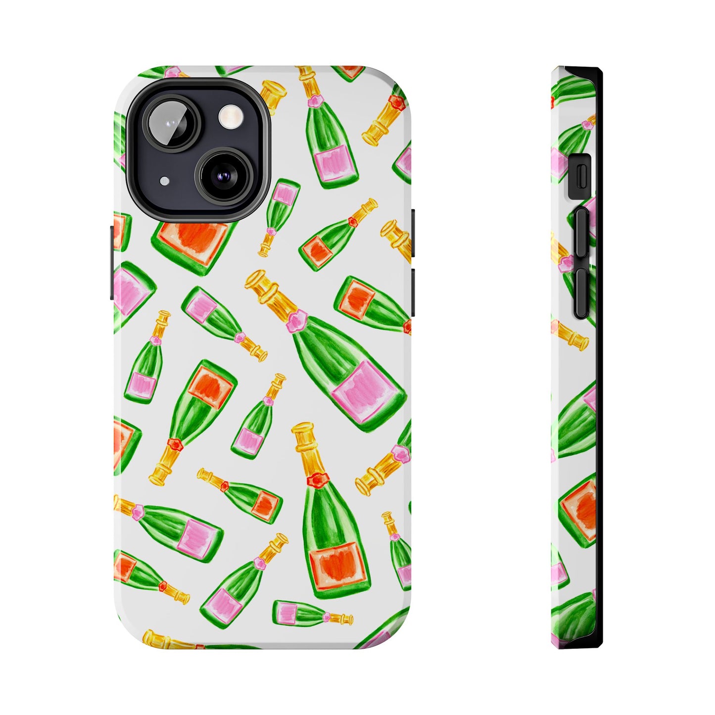 Tossed Pink and Green & Orange and Green Watercolor Illustrated Champagne Bottles Pattern Tough Phone Case | Various Models
