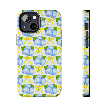 Blue Hydrangea Bouquets with Yellow Bow Ribbon Watercolor Illustrated Patterned Tough Phone Case | Various Models