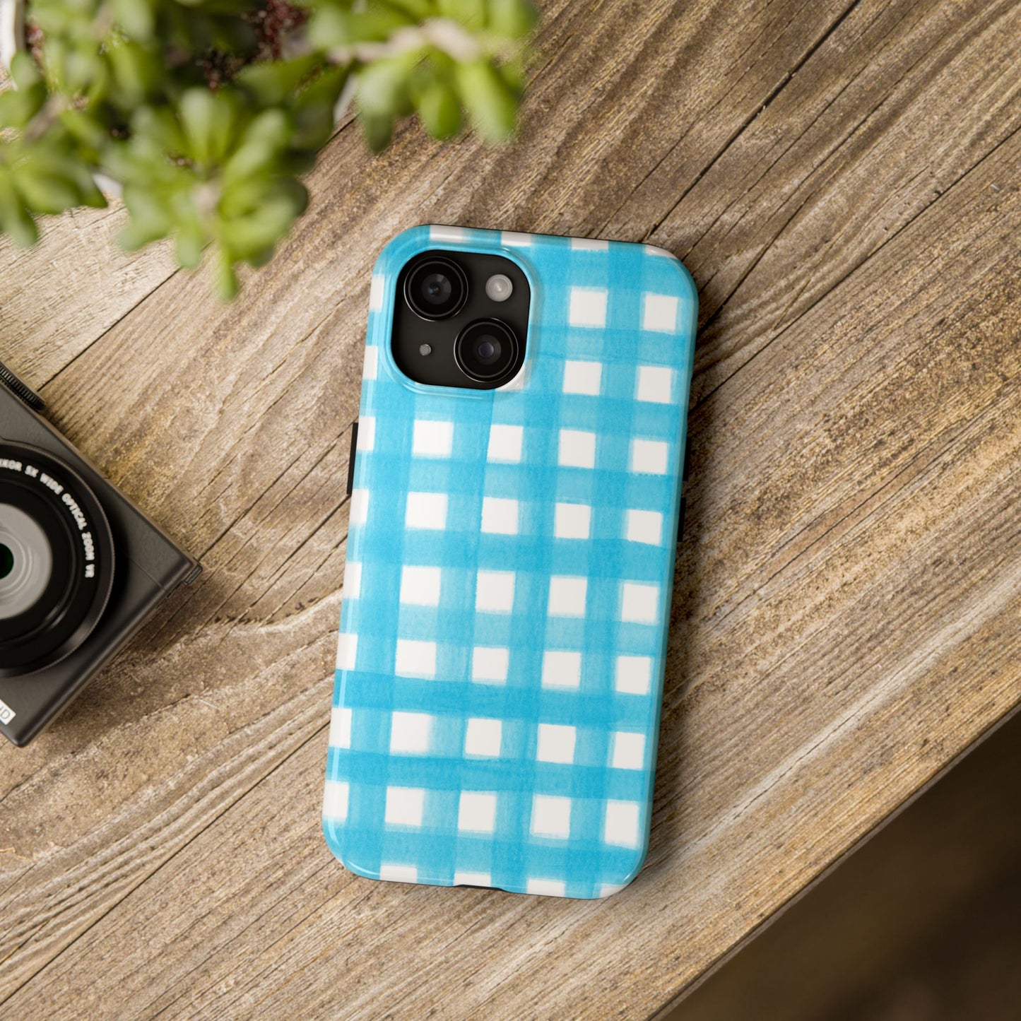 Turquoise Gingham Watercolor Illustrated Tough Phone Case | Various Models Available