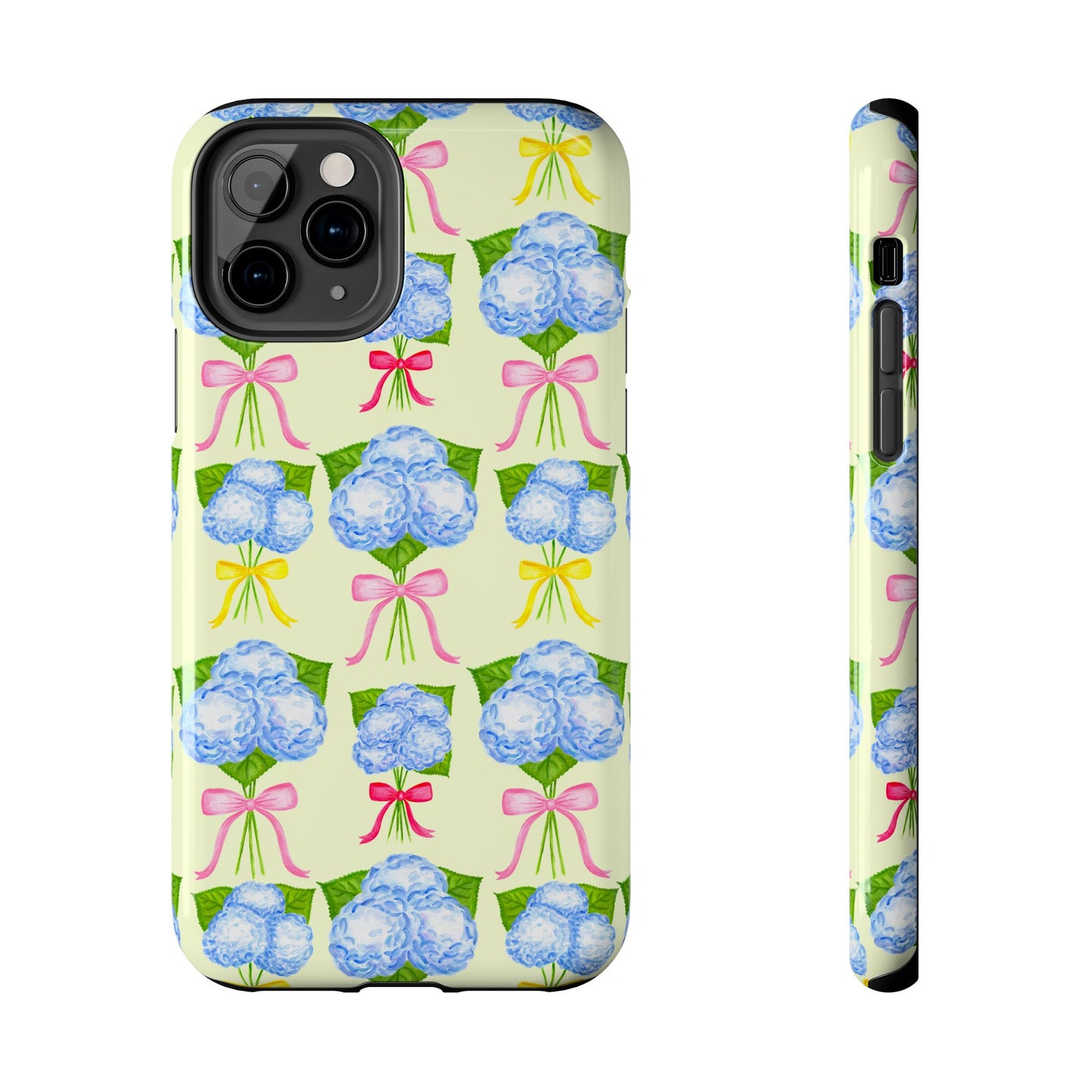 Blue Hydrangeas with Hot Pink, Yellow, Light Pink Bows Watercolor Illustrated Patterned Light Yellow Tough Phone Case | Various Models