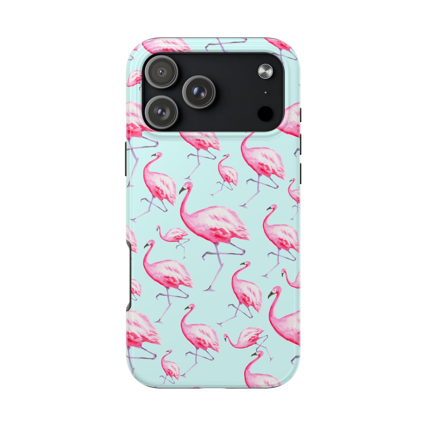 Pink Flamingos Watercolor Illustrated Tossed Pattern Blue Phone Case | Various Models iPhone 17 Pro Max