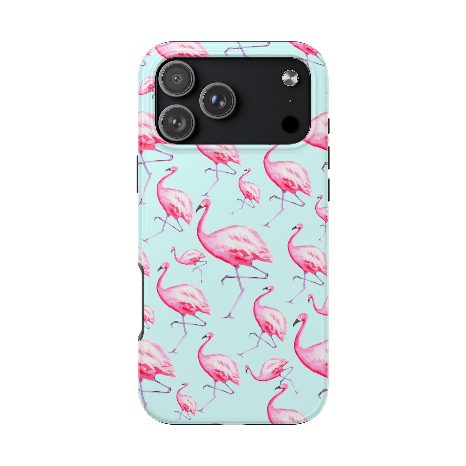 Pink Flamingos Watercolor Illustrated Tossed Pattern Blue Phone Case | Various Models iPhone 17 Pro Max