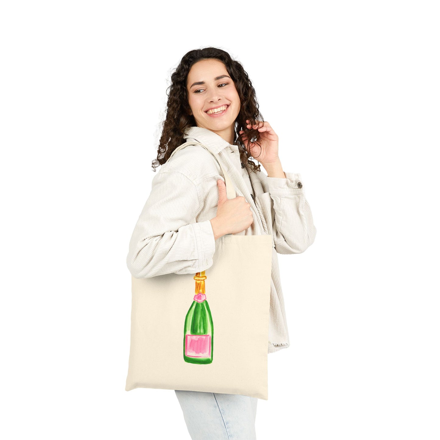 Canvas Tote | Pink & Green Watercolor Champagne Bottle Farmers Market Tote | Cocktail Bachelorette Gift Hostess
