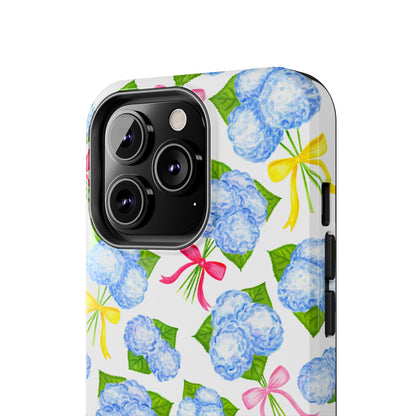 Blue Watercolor Hydrangea Bunches with Hot Pink, Yellow, Light Pink Bows Illustrated Patterned Tough Phone Case | Various Models