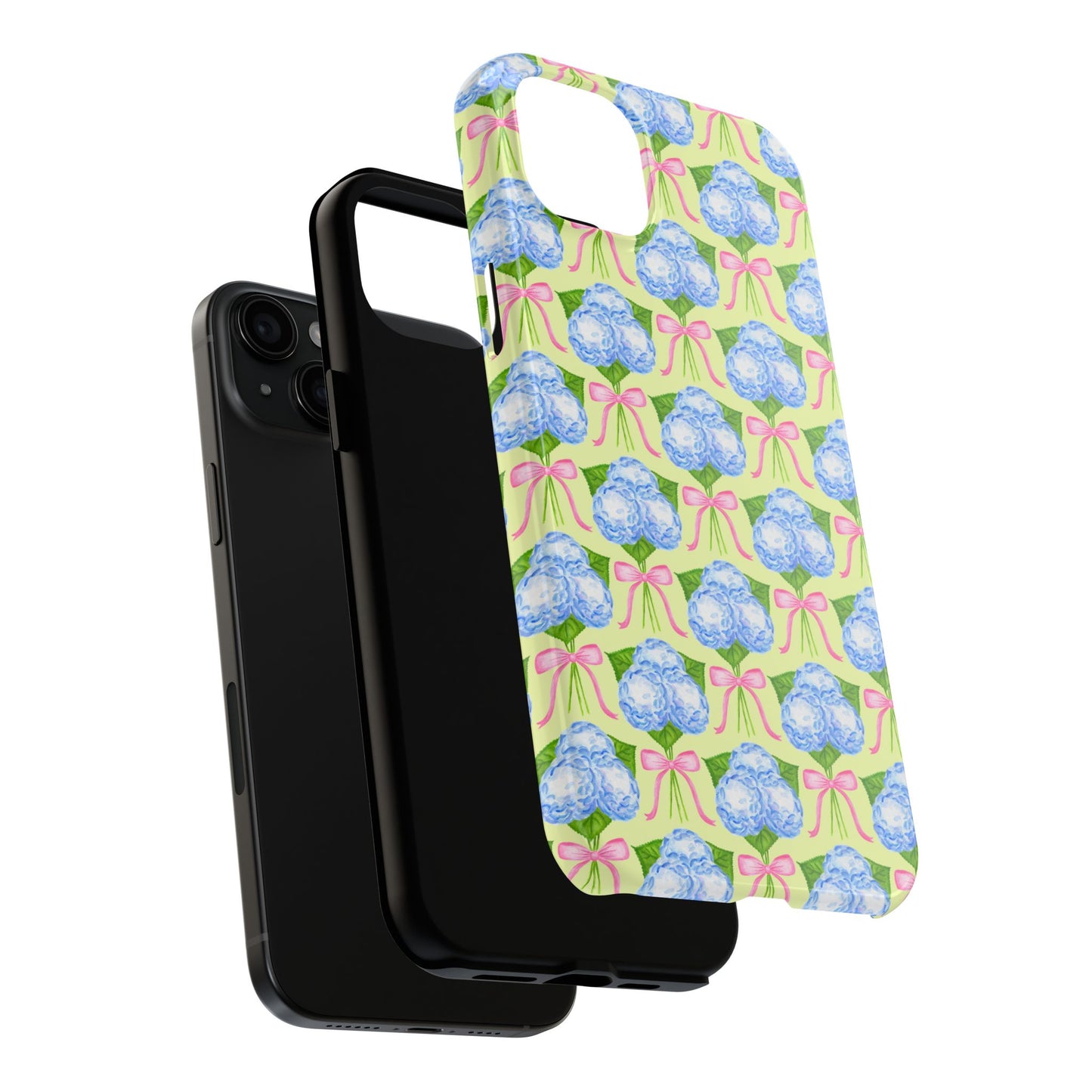 Blue Watercolor Hydrangea Bouquets with Light Pink Bows Watercolor Illustrated Patterned Yellow Tough Phone Case | Various Models