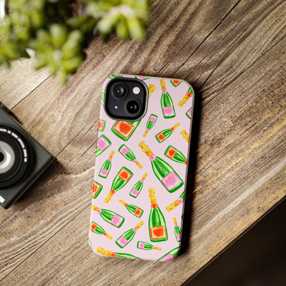 Tossed Pink and Green & Orange and Green Watercolor Illustrated Champagne Bottles Pattern Blush Pink Tough Phone Case | Various Models