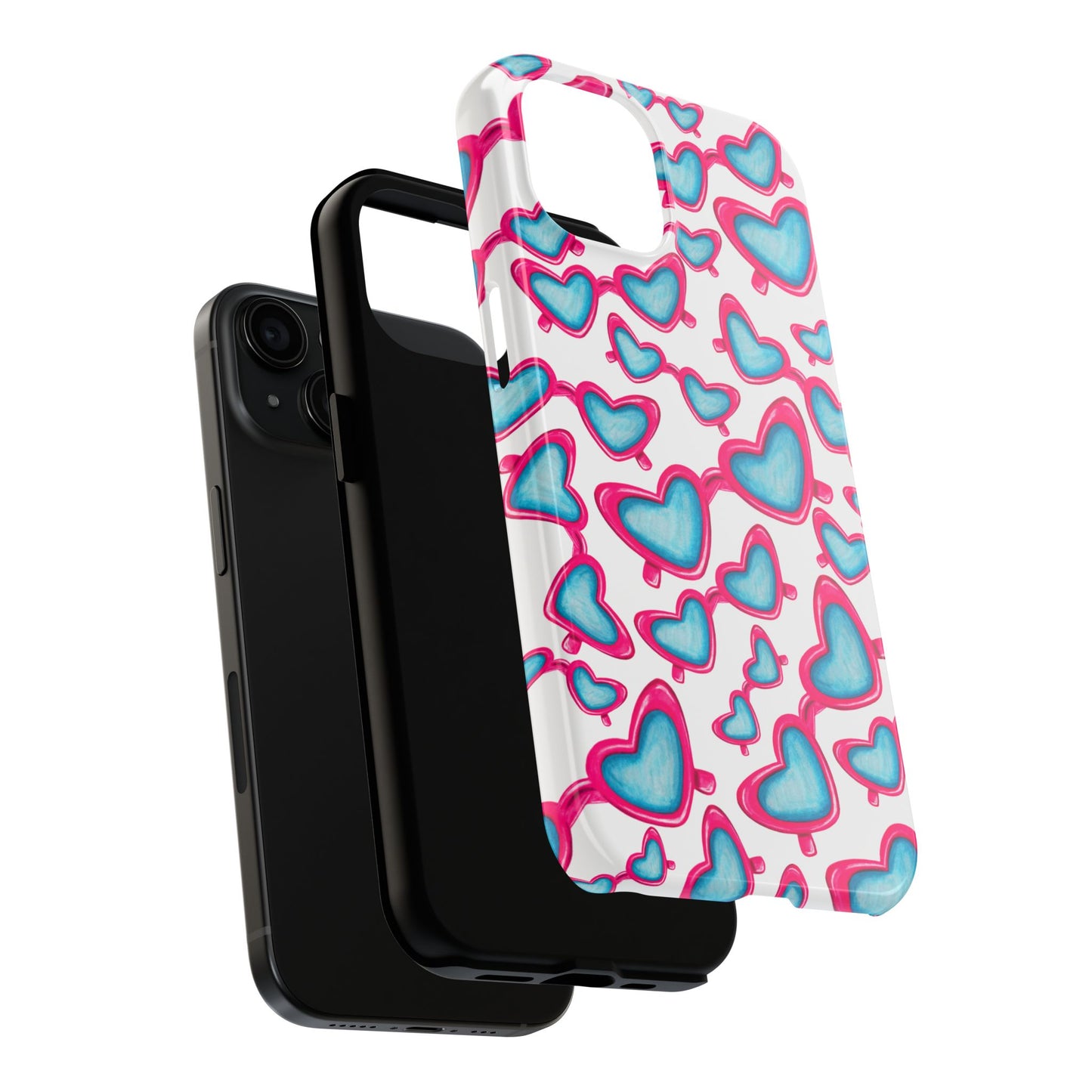 Pink & Blue Heart Shaped Sunglasses Watercolor Illustrated Tossed Pattern Tough Case | Various Models