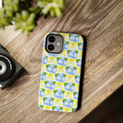 Blue Hydrangea Bouquets with Yellow Bow Ribbon Watercolor Illustrated Patterned Tough Phone Case | Various Models