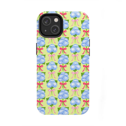 Watercolor Blue Hydrangea Bouquets with Hot Pink and Light Pink Bow Ribbons Illustrated Pattern Yellow Tough Phone Case | Various Models