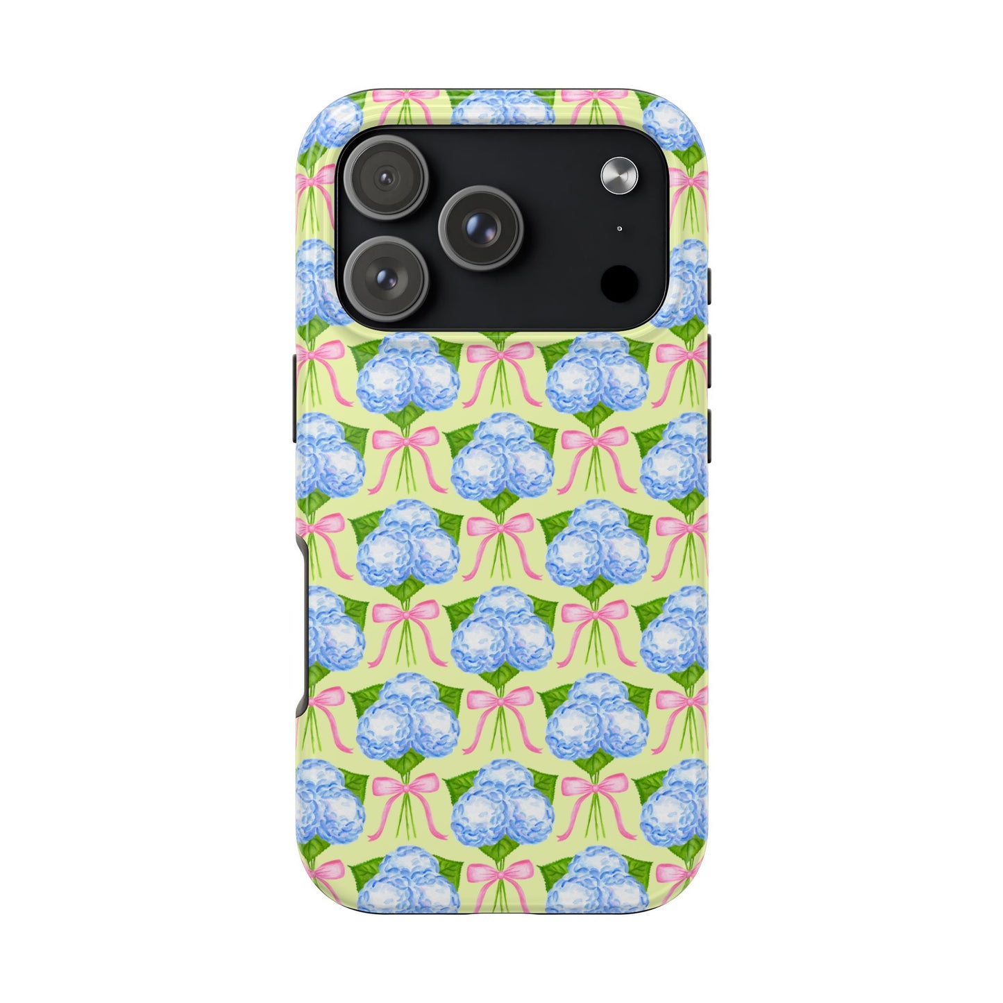 Blue Watercolor Hydrangea Bouquets with Light Pink Bows Watercolor Illustrated Patterned Yellow Tough Phone Case | Various Models