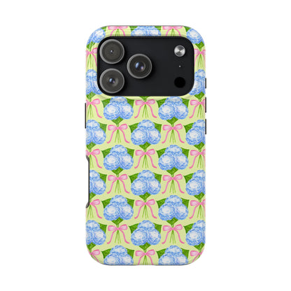 Blue Watercolor Hydrangea Bouquets with Light Pink Bows Watercolor Illustrated Patterned Yellow Tough Phone Case | Various Models