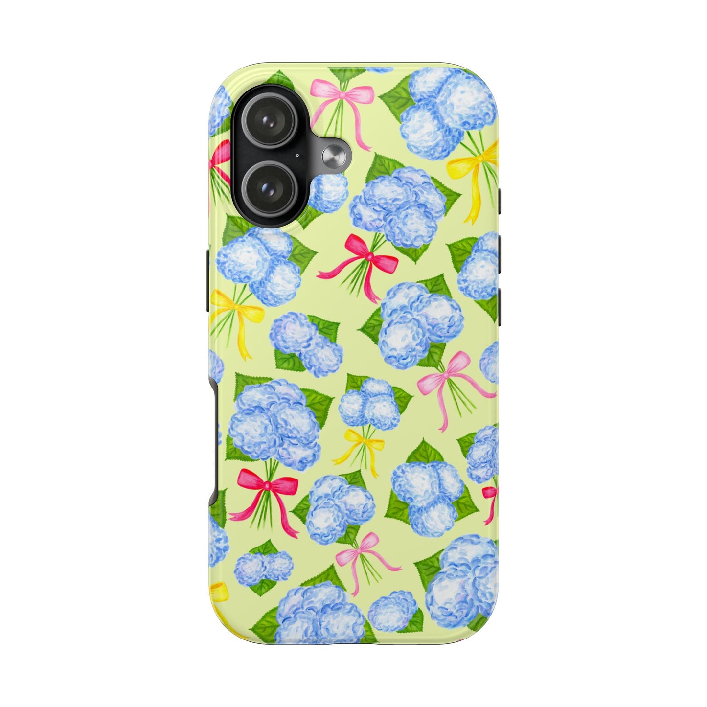 Blue Watercolor Hydrangea Bunches with Hot Pink, Yellow, Light Pink Bows Illustrated Patterned Yellow Tough Phone Case | Various Models