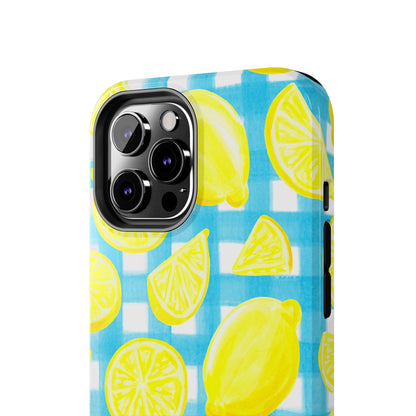 Yellow Lemons & Turquoise Gingham Watercolor Illustrated Tough Phone Case | Various Models Available