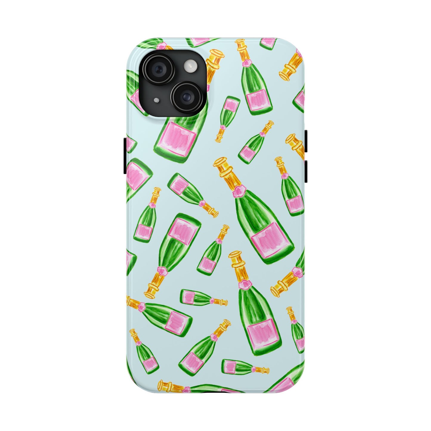 Tossed Pink and Green Watercolor Illustrated Champagne Bottles Pattern Light Blue Tough Phone Case | Various Models