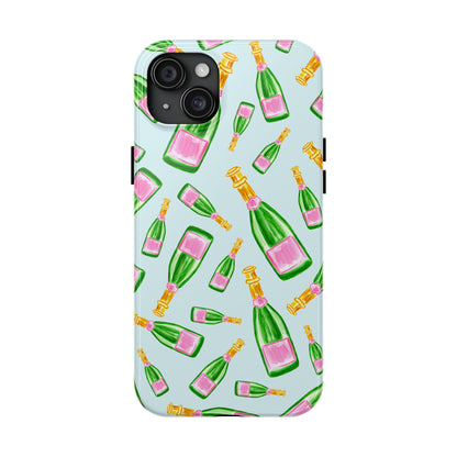 Tossed Pink and Green Watercolor Illustrated Champagne Bottles Pattern Light Blue Tough Phone Case | Various Models