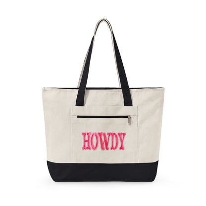 Hot Pink Howdy Watercolor Printed Zippered Canvas Tote 18" x 14" | Various Colors