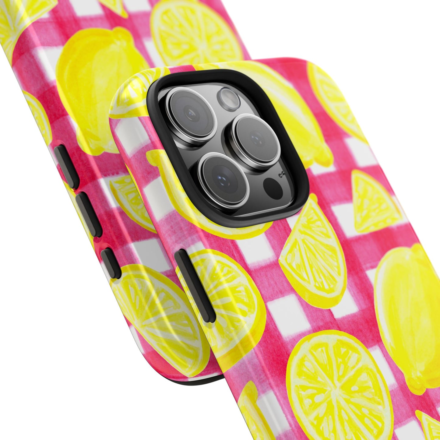 Yellow Lemons & Hot Pink Gingham Watercolor Illustrated Tough Phone Case | Various Models Available