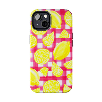 Yellow Lemons & Hot Pink Gingham Watercolor Illustrated Tough Phone Case | Various Models Available