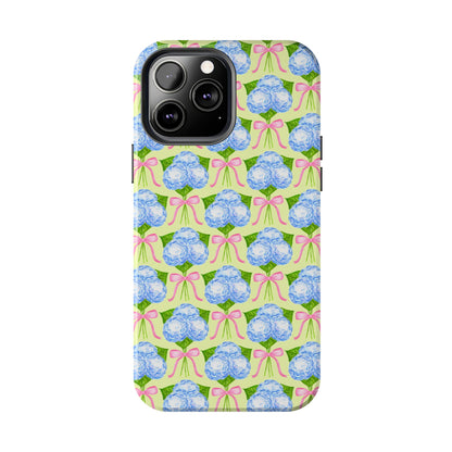 Blue Watercolor Hydrangea Bouquets with Light Pink Bows Watercolor Illustrated Patterned Yellow Tough Phone Case | Various Models