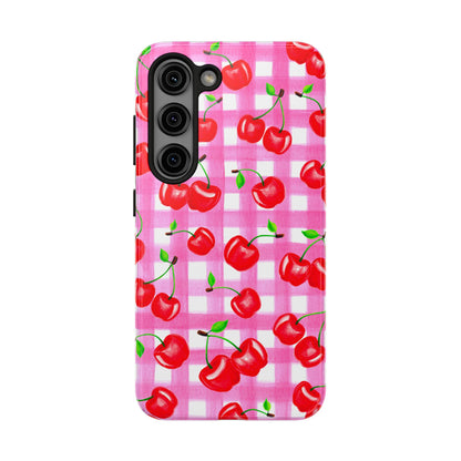 Tossed Red Watercolor Cherries Illustrated Pattern Light Pink Gingham Tough Phone Case | Various Models