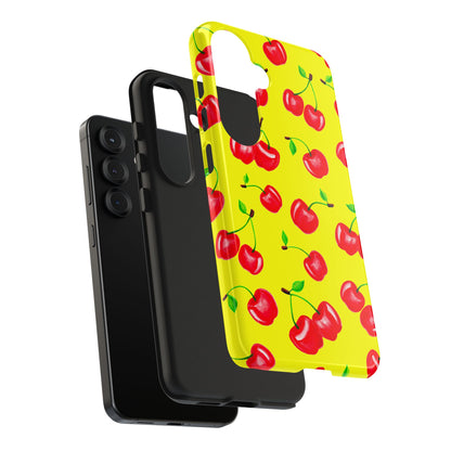 Tossed Red Watercolor Cherries Illustrated Pattern Bright Yellow Tough Phone Case | Various Models