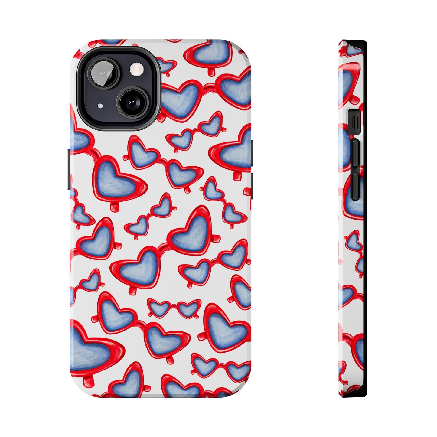 Red, White, & Blue Heart Shaped Watercolor Sunglasses Tossed Pattern Tough Phone Cases iPhone 13