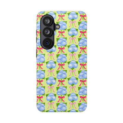 Watercolor Blue Hydrangea Bouquets with Hot Pink and Light Pink Bow Ribbons Illustrated Pattern Yellow Tough Phone Case | Various Models