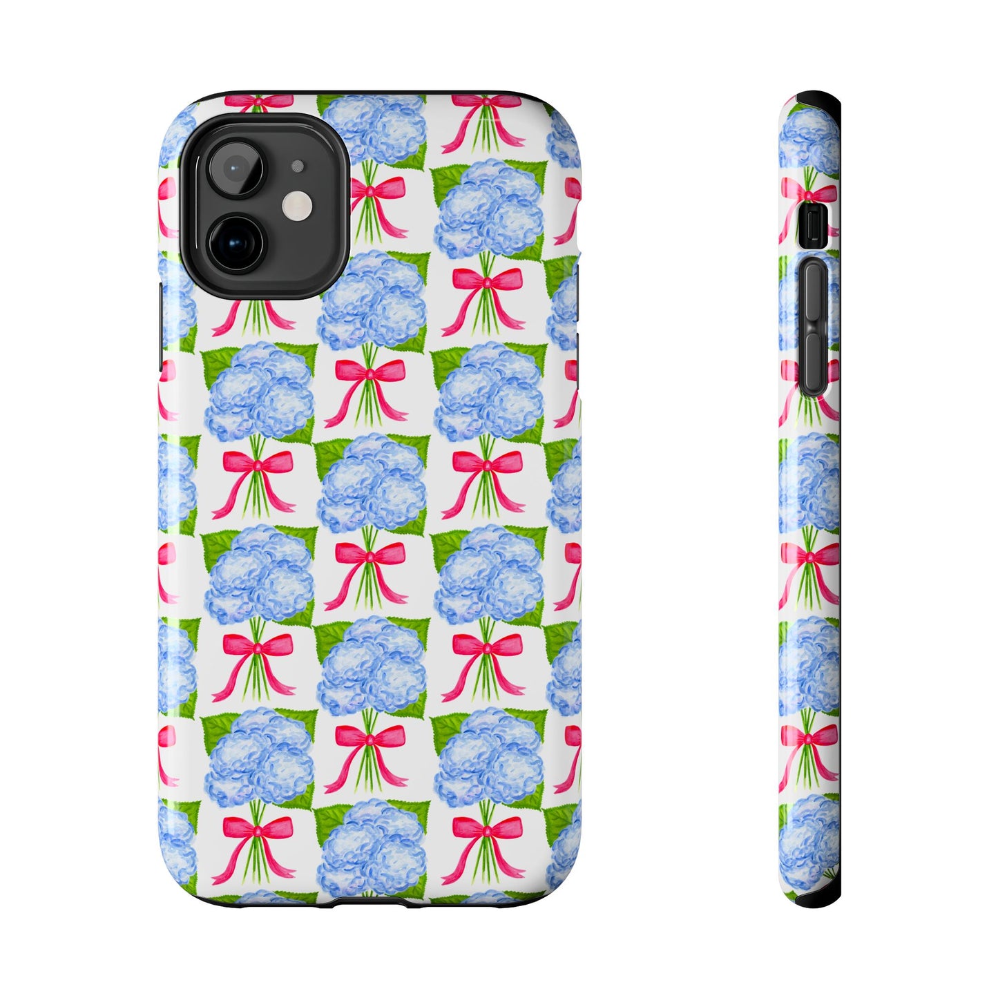 Blue Watercolor Hydrangea Bouquets with Hot Pink Bows Illustrated Patterned Tough Phone Case | Various Models