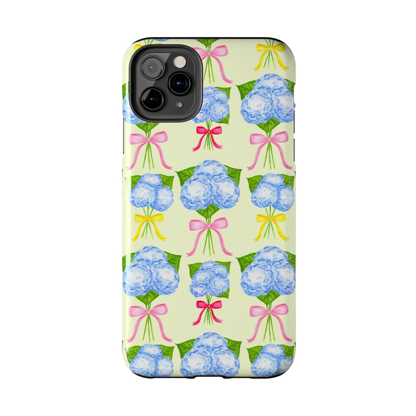 Blue Hydrangeas with Hot Pink, Yellow, Light Pink Bows Watercolor Illustrated Patterned Light Yellow Tough Phone Case | Various Models