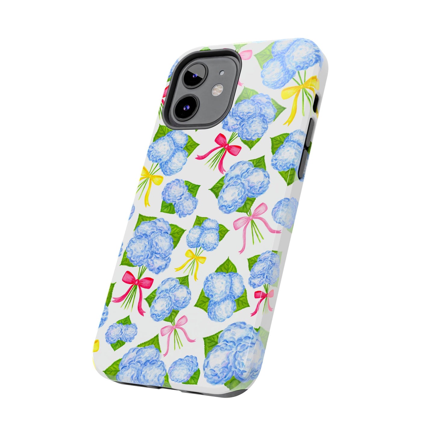 Blue Watercolor Hydrangea Bunches with Hot Pink, Yellow, Light Pink Bows Illustrated Patterned Tough Phone Case | Various Models