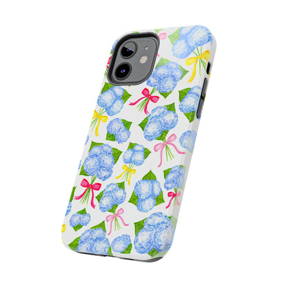 Blue Watercolor Hydrangea Bunches with Hot Pink, Yellow, Light Pink Bows Illustrated Patterned Tough Phone Case | Various Models