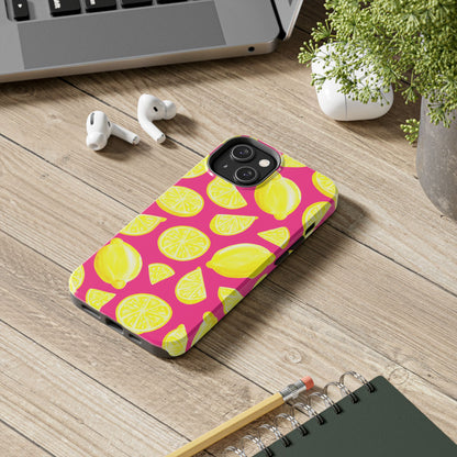 Bright Yellow Lemons Watercolor Illustrated Tossed Pattern Watermelon Pink Tough Phone Case | Various Models