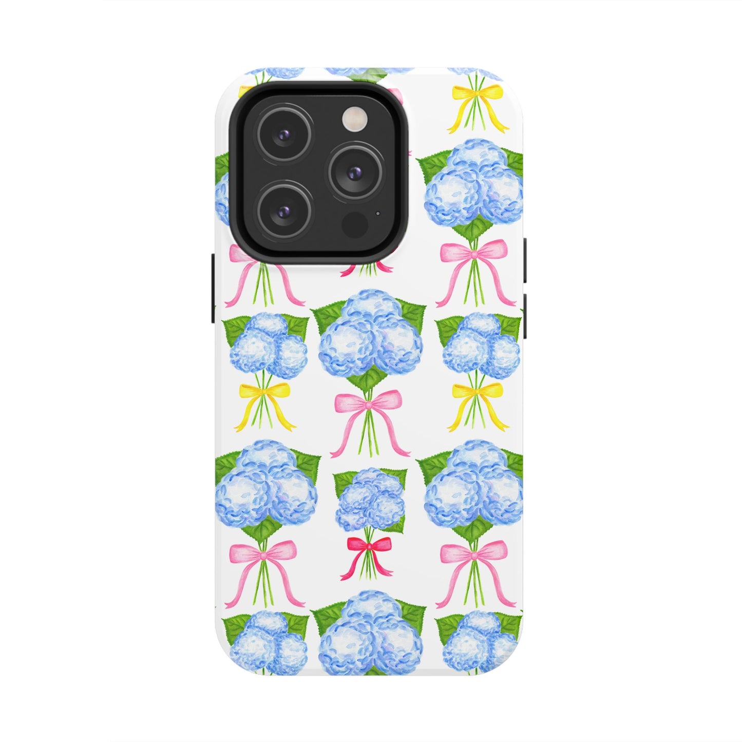 Blue Hydrangeas with Hot Pink, Yellow, Light Pink Bows Watercolor Illustrated Patterned Tough Phone Case | Various Models