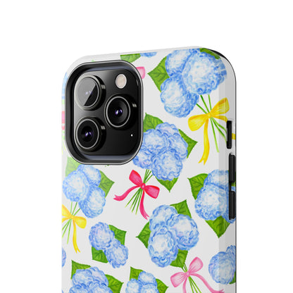 Blue Watercolor Hydrangea Bunches with Hot Pink, Yellow, Light Pink Bows Illustrated Patterned Tough Phone Case | Various Models