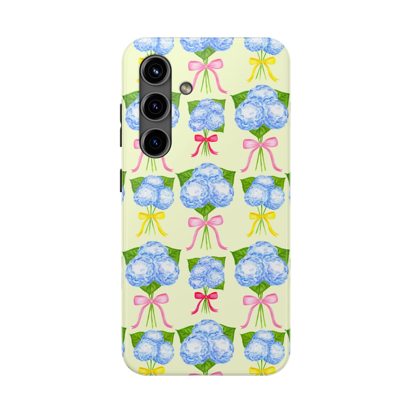 Blue Hydrangeas with Hot Pink, Yellow, Light Pink Bows Watercolor Illustrated Patterned Light Yellow Tough Phone Case | Various Models