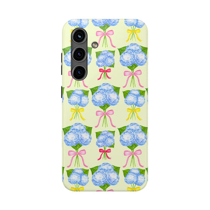 Blue Hydrangeas with Hot Pink, Yellow, Light Pink Bows Watercolor Illustrated Patterned Light Yellow Tough Phone Case | Various Models