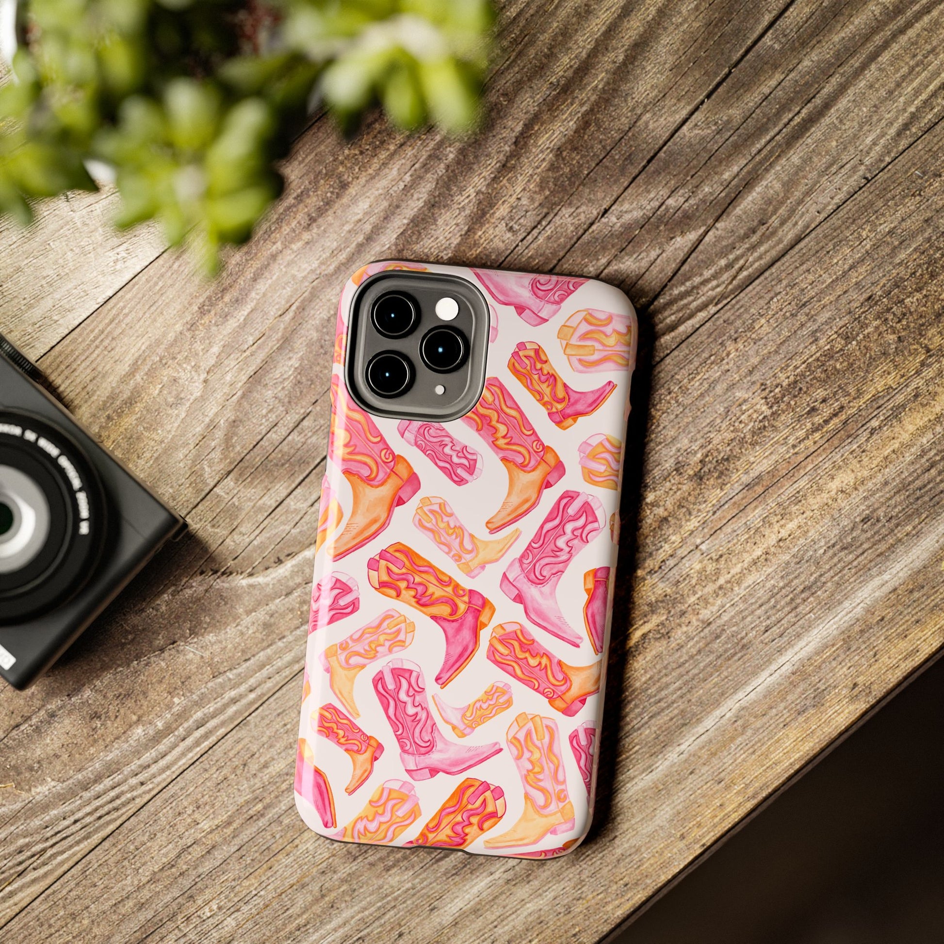 Tossed Hot Pink & Orange Watercolor Cowboy Boots Tough Light Pink Phone Case | Various Models Available