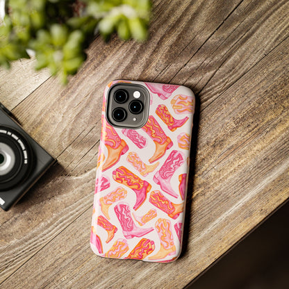 Tossed Hot Pink & Orange Watercolor Cowboy Boots Tough Light Pink Phone Case | Various Models Available