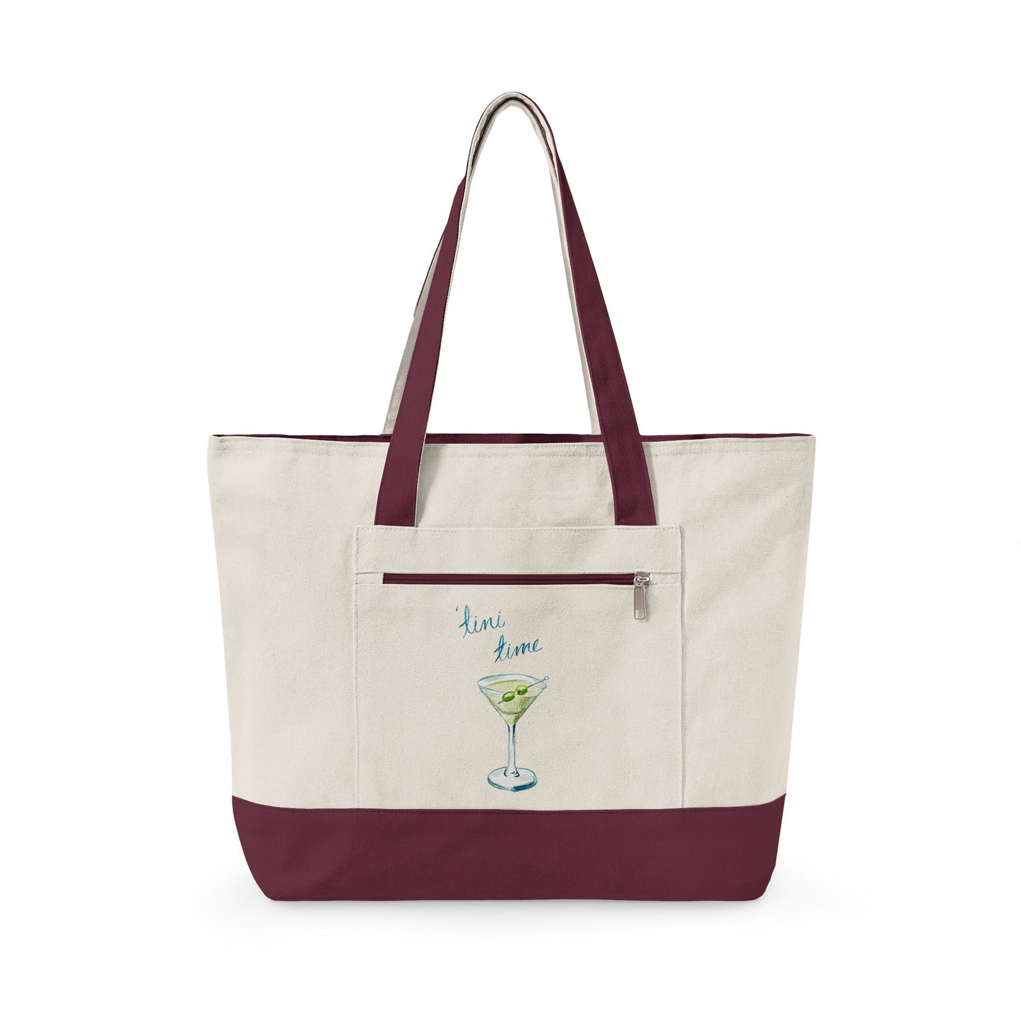 "'Tini Time" Blue Green Watercolor Martini Printed Zippered Canvas Tote 18" x 14" | Various Colors 18" x 14" x 4.5" Natural Maroon