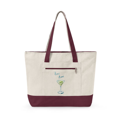 "'Tini Time" Blue Green Watercolor Martini Printed Zippered Canvas Tote 18" x 14" | Various Colors 18" x 14" x 4.5" Natural Maroon
